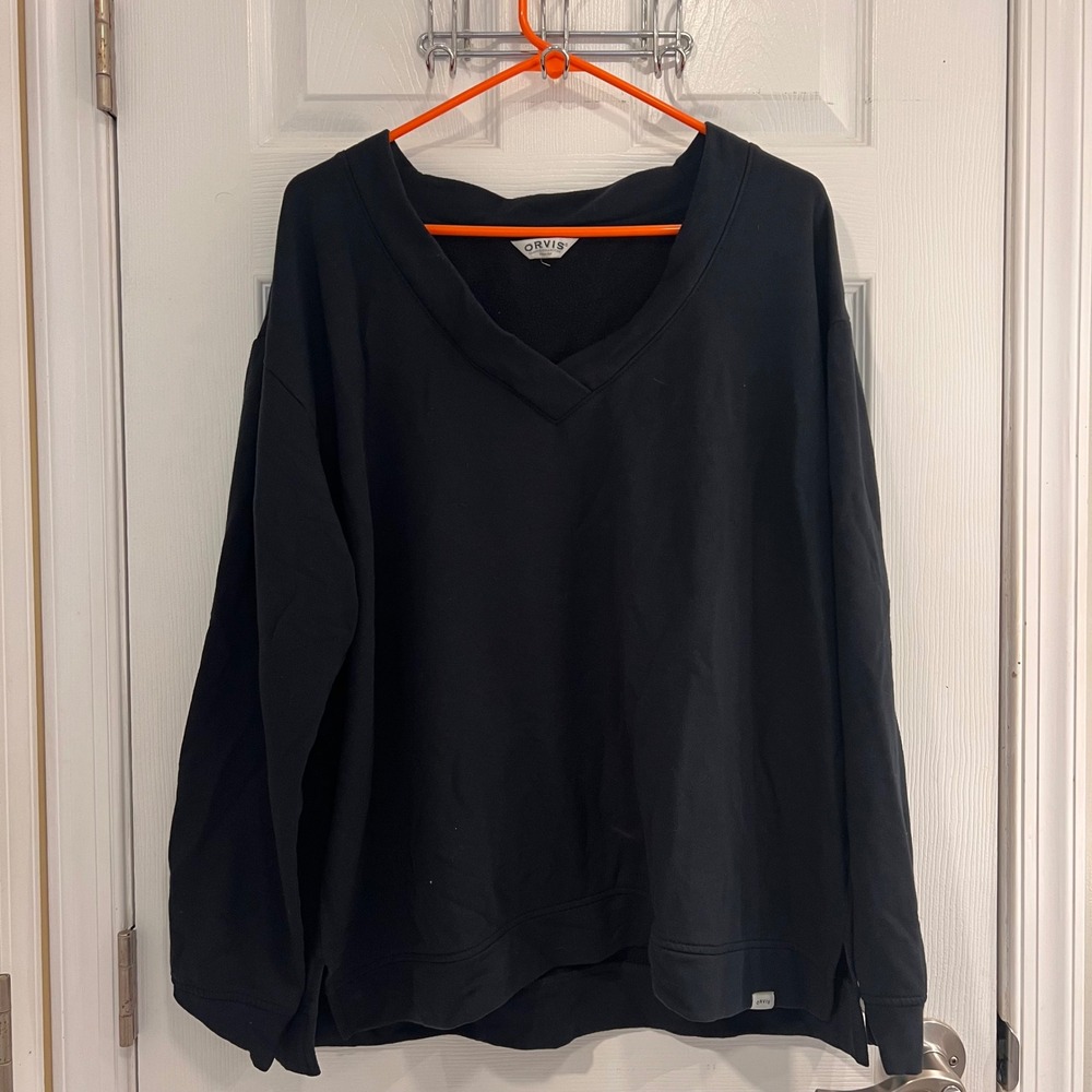 Orvis Womens Black V-Neck Pullover Sweatshirt Relaxed Fit Modal Blend Size L